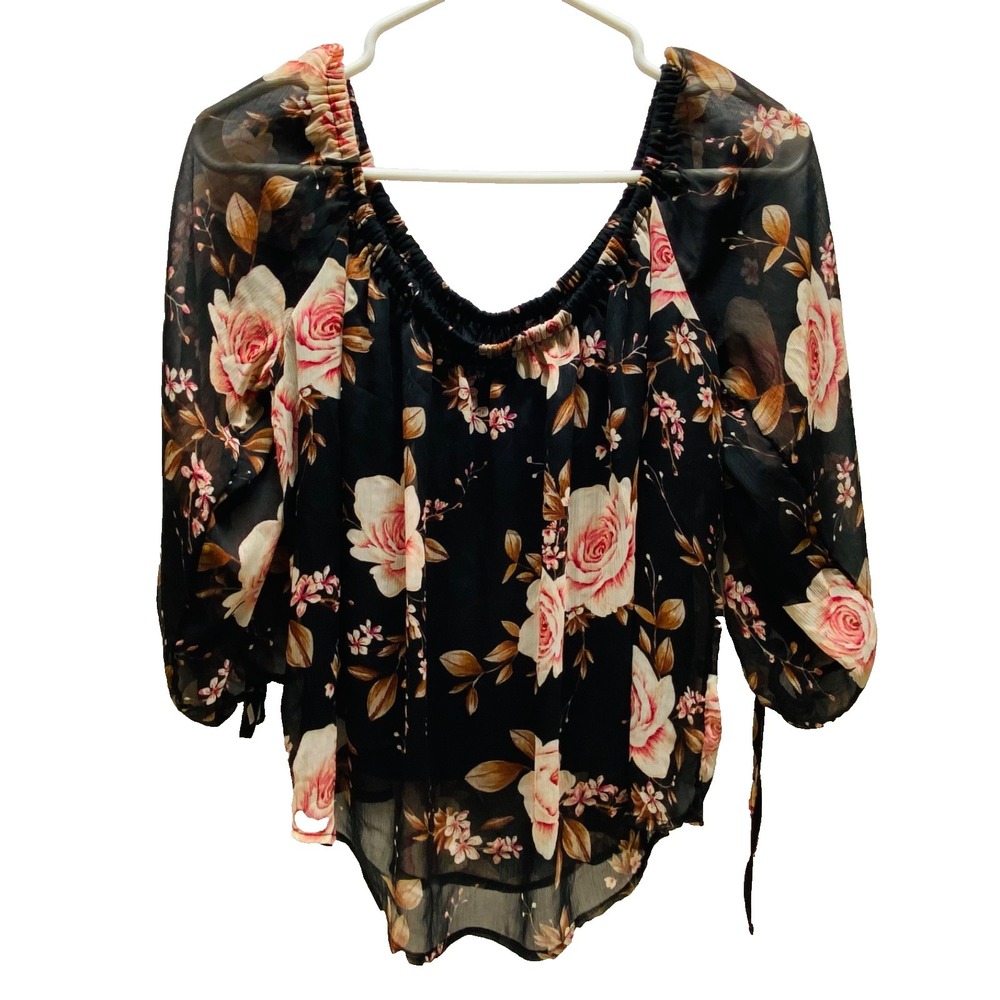 American Eagle Outfitters Off Shoulder Blouse Women's Large Black Floral AEO GUC